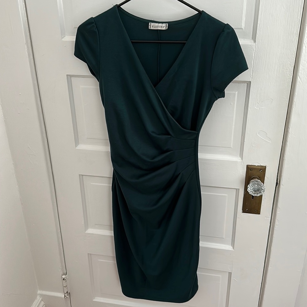 Teal wiggle dress with ruching